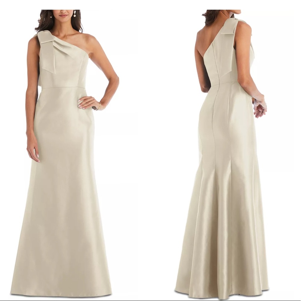 Alfred Sung Bow Trim One Shoulder Satin Gown Size 8R